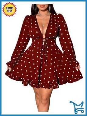 Plus Size Polka Dot Long Sleeve Deep V Neck Mini Dress Tie Front